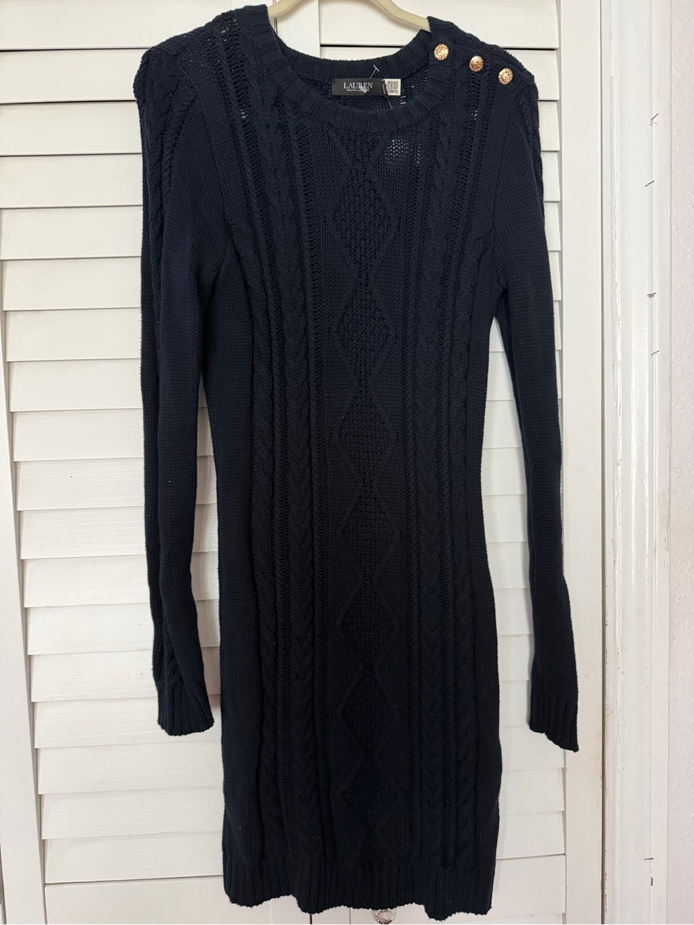 NWT Lauren Ralph Lauren Navy Cable Knit Crewneck Sweater Dress with Gold Buttons